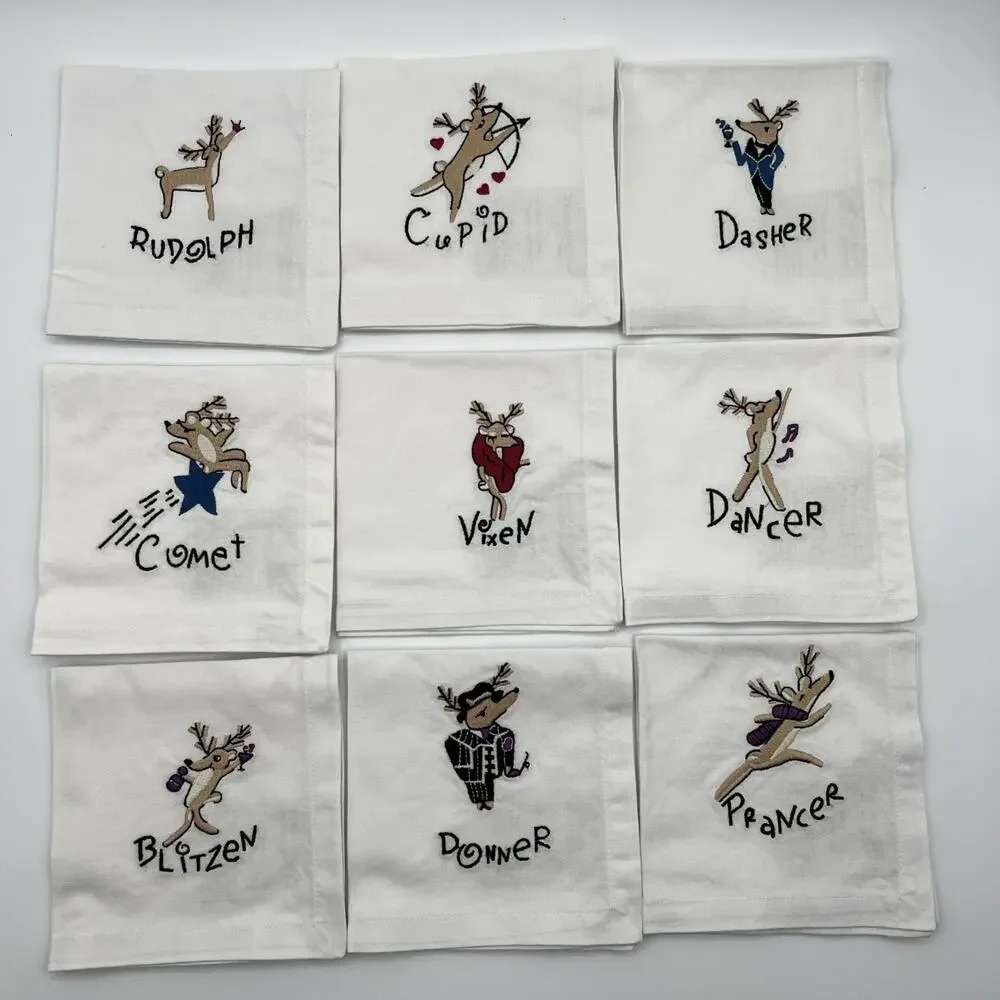 POTTERY BARN Christmas Reindeer Cocktail Napkins, Set of 9, Embroidered New